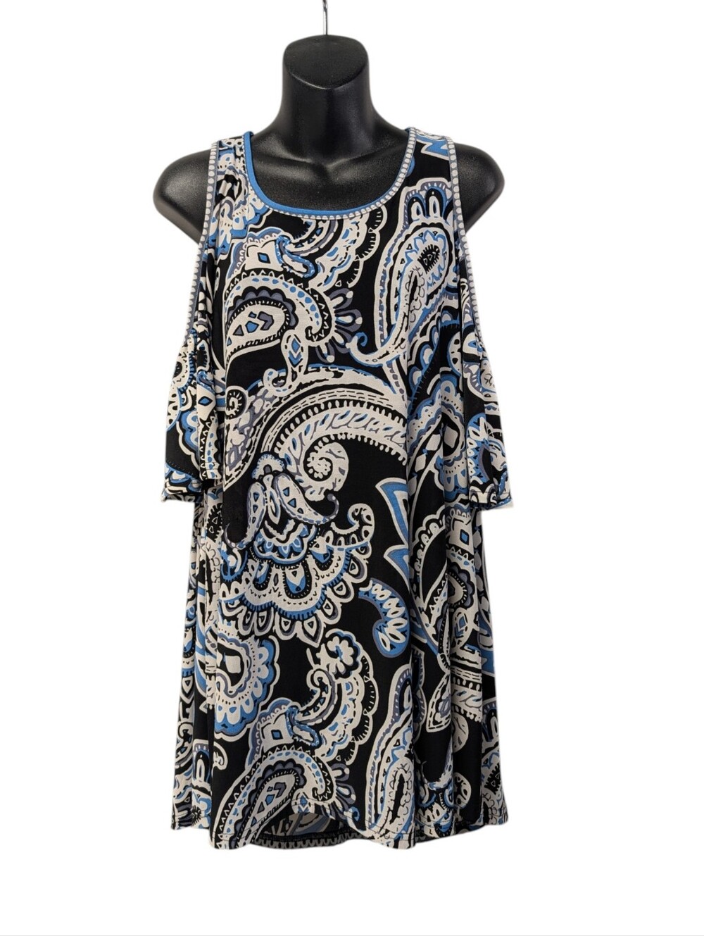 Lildy Cold Shoulder Tunic Top L XL Paisley Blue Black Flutter Sleeve Flowy Boho